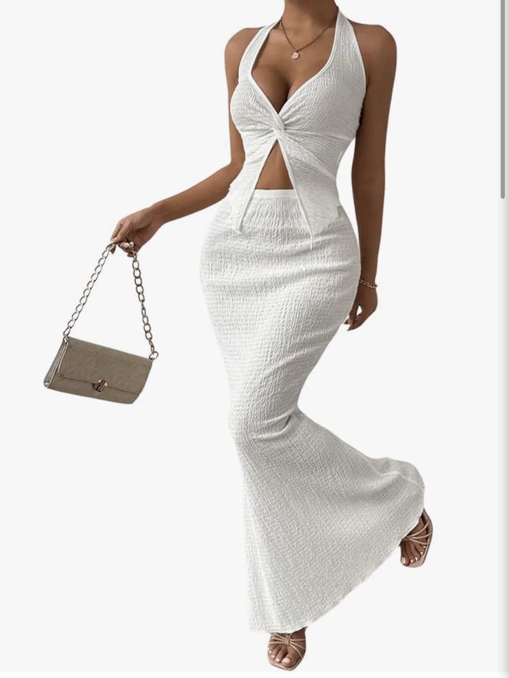 Soly Hux 2 Piece White Textured Halter Tie-Back Tank & Maxi Skirt Set